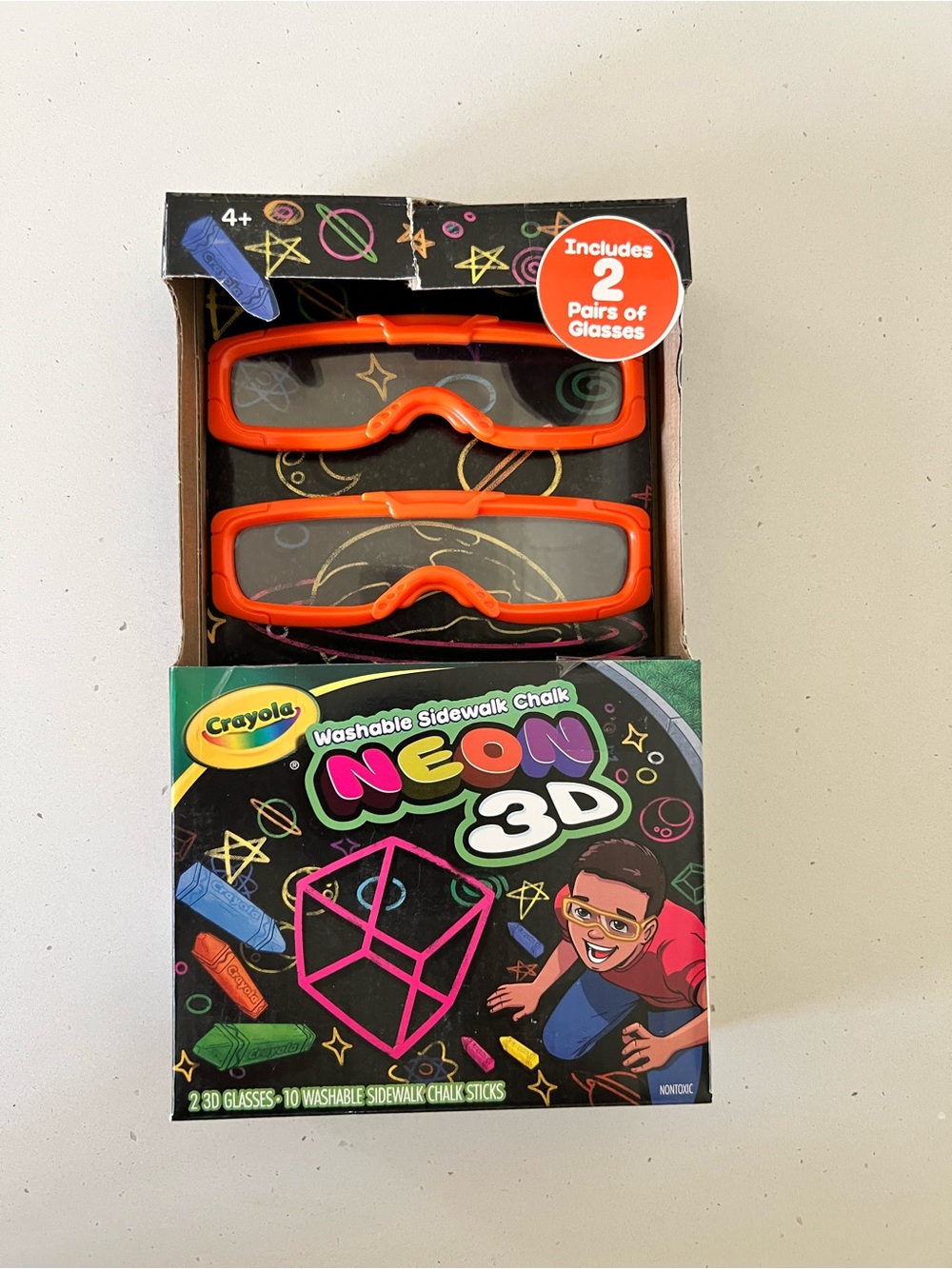 NIB Crayola Neon 3D Washable Sidewalk Chalk Set w/ 10 Chalk & 2 Pairs 3D Glasses